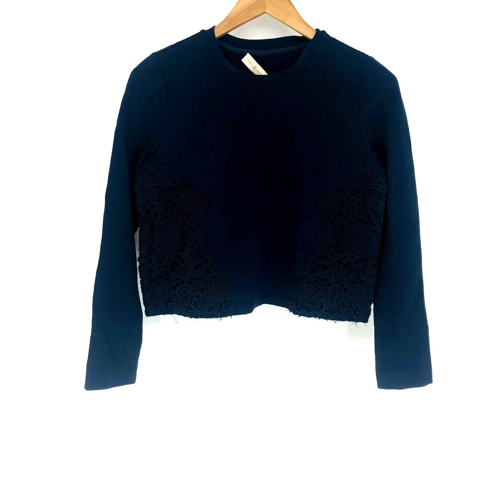 Tory Burch Cropped Navy Floral Lace Long Sleeve Thick Viscose Scuba Top Sz XS